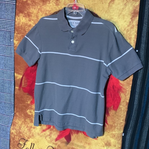 OLD NAVY-men’s gray/white stripe cotton short sleeve button polo shirt - Picture 2 of 10